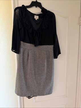 ECI Black Ruffle V-Neck with Houndstooth Skirt Panel and sheet sleeves